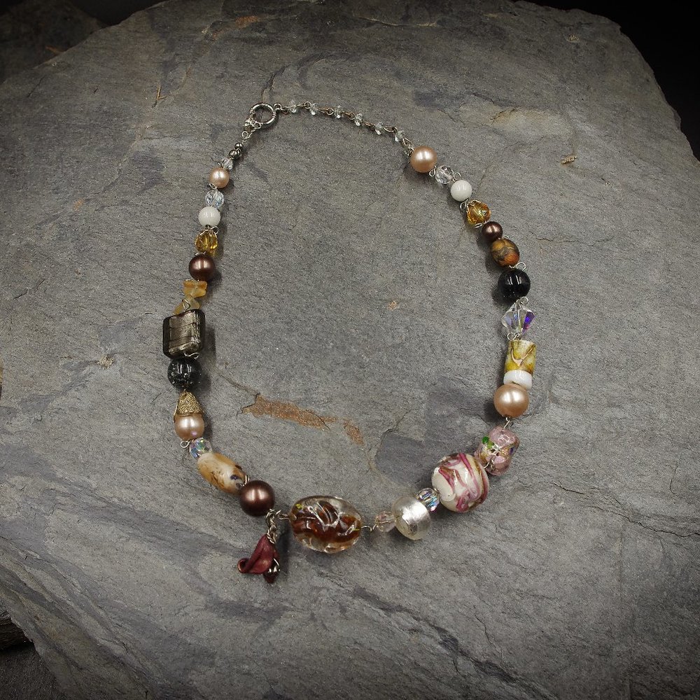 Mixed Lampwork Necklace on Wire with Handmade Polymer Clay Flower - OOAK